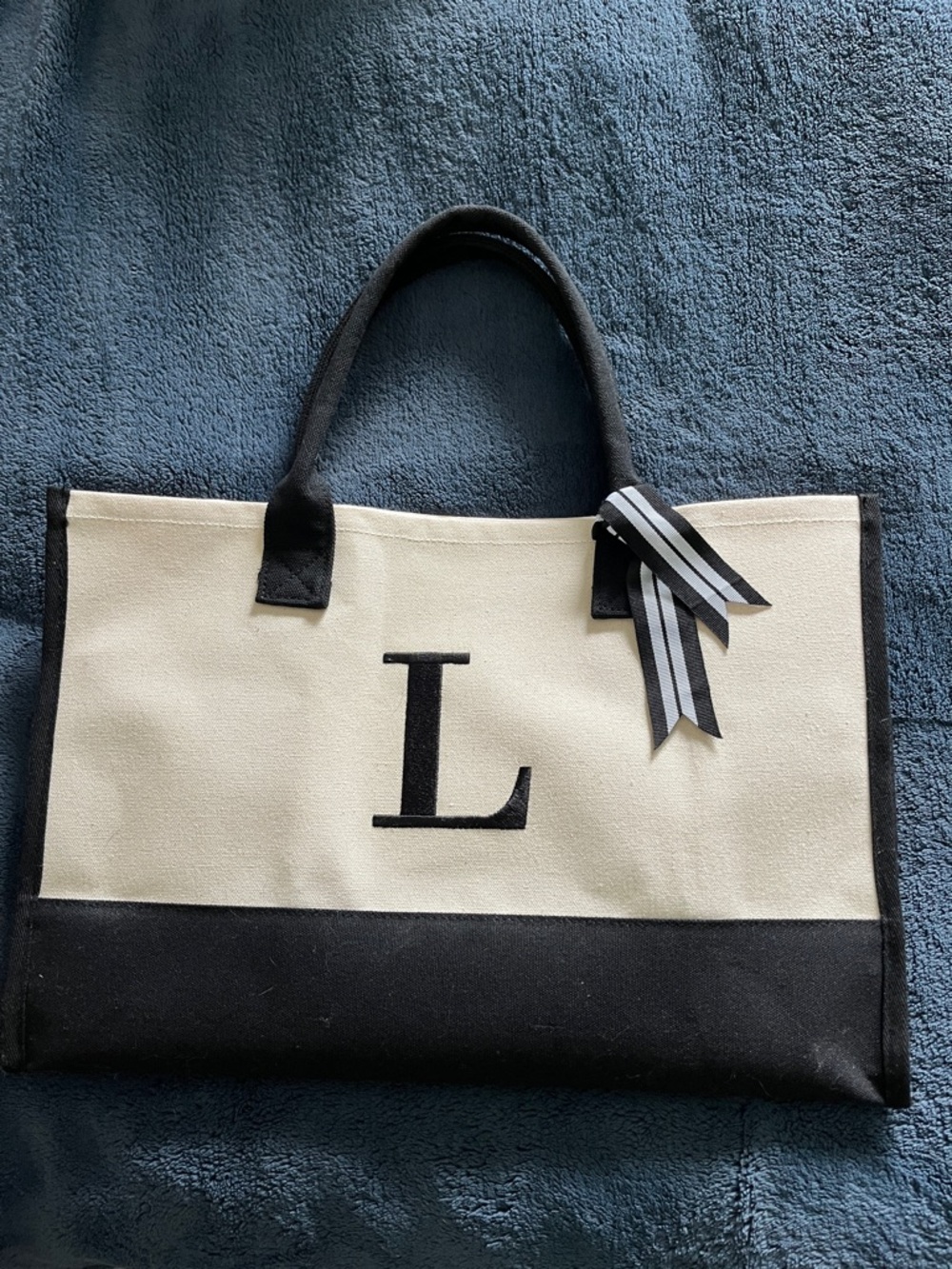 Monogram 'L' Two-Tone Canvas Tote Bag in Cream and Black